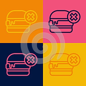 Pop art line No burger icon isolated on color background. Hamburger icon. Cheeseburger sandwich sign. Fast food menu