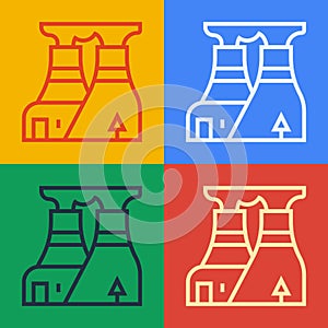 Pop art line Nuclear power plant icon isolated on color background. Energy industrial concept. Vector