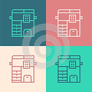 Pop art line Office multifunction printer copy machine icon isolated on color background. Vector