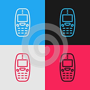 Pop art line Old vintage keypad mobile phone icon isolated on color background. Retro cellphone device. Vintage 90s