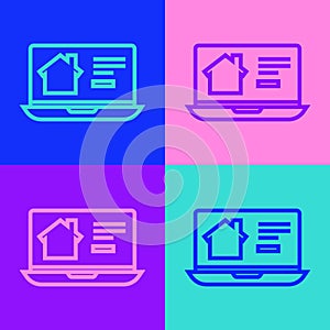 Pop art line Online real estate house on laptop icon isolated on color background. Home loan concept, rent, buy, buying