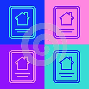 Pop art line Online real estate house on tablet icon isolated on color background. Home loan concept, rent, buy, buying