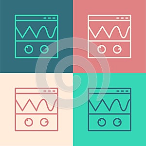 Pop art line Oscilloscope measurement signal wave icon isolated on color background. Vector