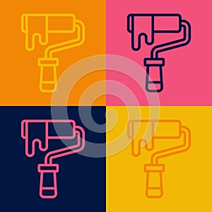 Pop art line Paint roller brush icon isolated on color background. Vector