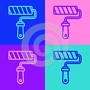 Pop art line Paint roller brush icon isolated on color background. Vector