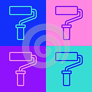 Pop art line Paint roller brush icon isolated on color background. Vector