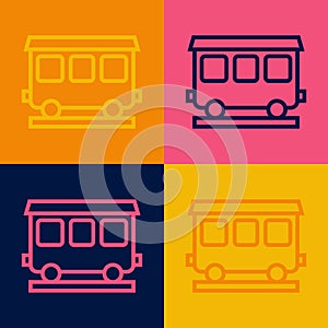 Pop art line Passenger train cars icon isolated on color background. Railway carriage. Vector