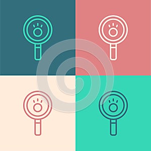 Pop art line Paw search icon isolated on color background. Magnifying glass with animal footprints. Vector