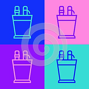 Pop art line Pencil case stationery icon isolated on color background. Pencil, pen, ruler in a glass for office. Vector