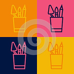 Pop art line Pencil case stationery icon isolated on color background. Pencil, pen, ruler in a glass for office. Vector