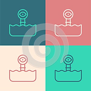 Pop art line Periscope in the waves above the water icon isolated on color background. Vector