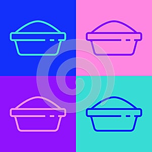 Pop art line Pet food bowl for cat or dog icon isolated on color background. Dog or cat paw print. Vector