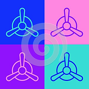 Pop art line Plane propeller icon isolated on color background. Vintage aircraft propeller. Vector