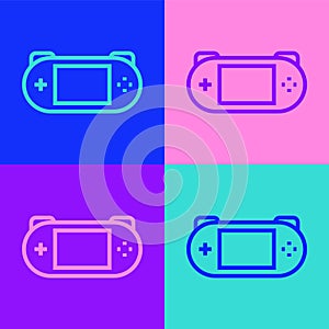 Pop art line Portable video game console icon isolated on color background. Gamepad sign. Gaming concept. Vector