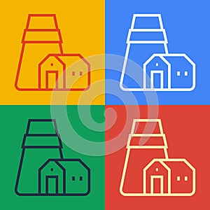 Pop art line Power station plant and factory icon isolated on color background. Energy industrial concept. Vector