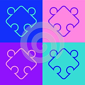 Pop art line Puzzle pieces toy icon isolated on color background. Vector