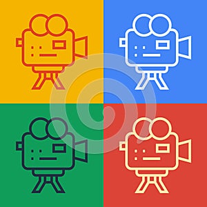 Pop art line Retro cinema camera icon isolated on color background. Video camera. Movie sign. Film projector. Vector