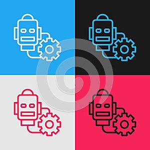 Pop art line Robot setting icon isolated on color background. Artificial intelligence, machine learning, cloud computing