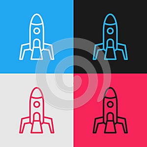 Pop art line Rocket ship icon isolated on color background. Space travel. Vector