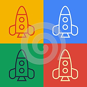 Pop art line Rocket ship toy icon isolated on color background. Space travel. Vector