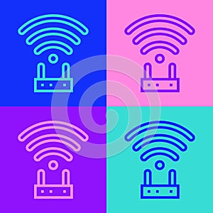 Pop art line Router and wi-fi signal icon isolated on color background. Wireless ethernet modem router. Computer