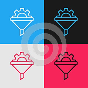 Pop art line Sales funnel with arrows for marketing and startup business icon isolated on color background. Infographic