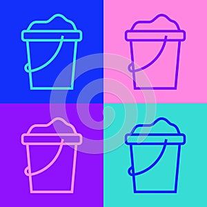 Pop art line Sand in bucket icon isolated on color background. Plastic kid toy. Summer icon. Vector