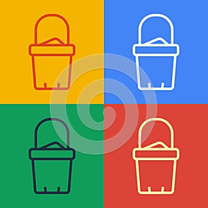 Pop art line Sand in bucket icon isolated on color background. Plastic kid toy. Summer icon. Vector