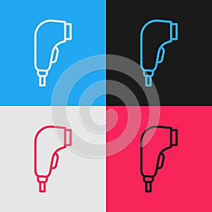 Pop art line Scanner scanning bar code icon isolated on color background. Barcode label sticker. Identification for