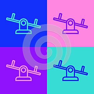 Pop art line Seesaw icon isolated on color background. Teeter equal board. Playground symbol. Vector