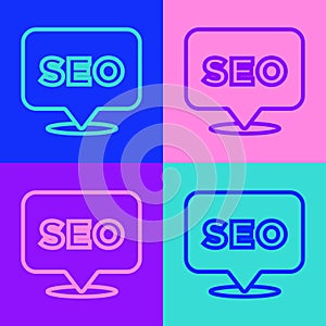 Pop art line SEO optimization icon isolated on color background. Vector