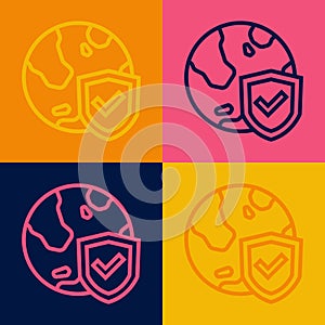 Pop art line Shield with world globe icon isolated on color background. Insurance concept. Security, safety, protection
