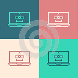 Pop art line Shopping basket on screen laptop icon isolated on color background. Concept e-commerce, e-business, online