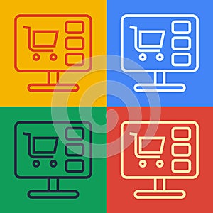 Pop art line Shopping cart on screen computer icon isolated on color background. Concept e-commerce, e-business, online