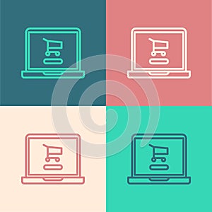 Pop art line Shopping cart on screen laptop icon isolated on color background. Concept e-commerce, e-business, online