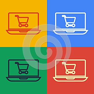 Pop art line Shopping cart on screen laptop icon isolated on color background. Concept e-commerce, e-business, online