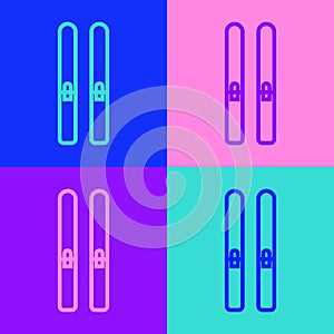 Pop art line Ski and sticks icon isolated on color background. Extreme sport. Skiing equipment. Winter sports icon