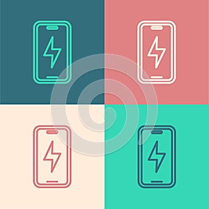 Pop art line Smartphone charging battery icon isolated on color background. Phone with a low battery charge. Vector