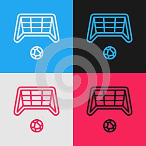 Pop art line Soccer goal with ball icon isolated on color background. Vector
