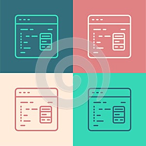 Pop art line Software, web developer programming code icon isolated on color background. Javascript computer script