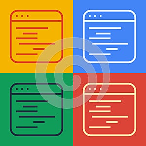 Pop art line Software, web developer programming code icon isolated on color background. Javascript computer script