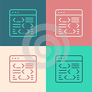 Pop art line Software, web developer programming code icon isolated on color background. Javascript computer script