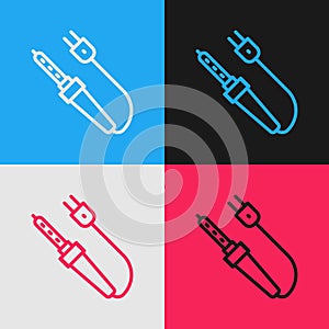 Pop art line Soldering iron icon isolated on color background. Vector