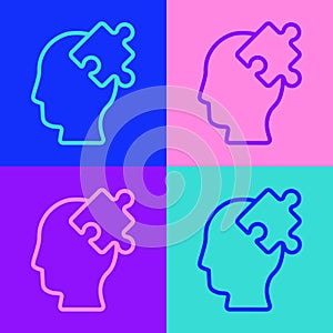 Pop art line Solution to the problem in psychology icon isolated on color background. Puzzle. Therapy for mental health