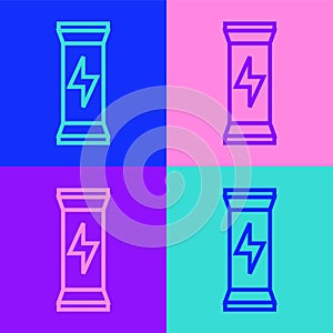 Pop art line Sports nutrition bodybuilding proteine power drink and food icon isolated on color background. Vector
