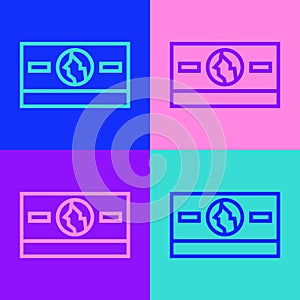 Pop art line Stacks paper money cash icon isolated on color background. Money banknotes stacks. Bill currency. Vector