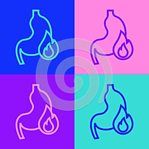 Pop art line Stomach heartburn icon isolated on color background. Stomach burn. Gastritis and acid reflux, indigestion