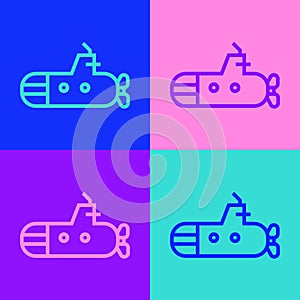 Pop art line Submarine icon isolated on color background. Military ship. Vector