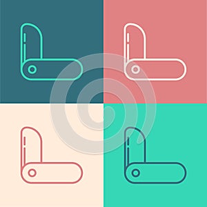 Pop art line Swiss army knife icon isolated on color background. Multi-tool, multipurpose penknife. Multifunctional tool