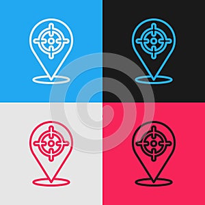 Pop art line Target financial goal concept icon isolated on color background. Symbolic goals achievement, success